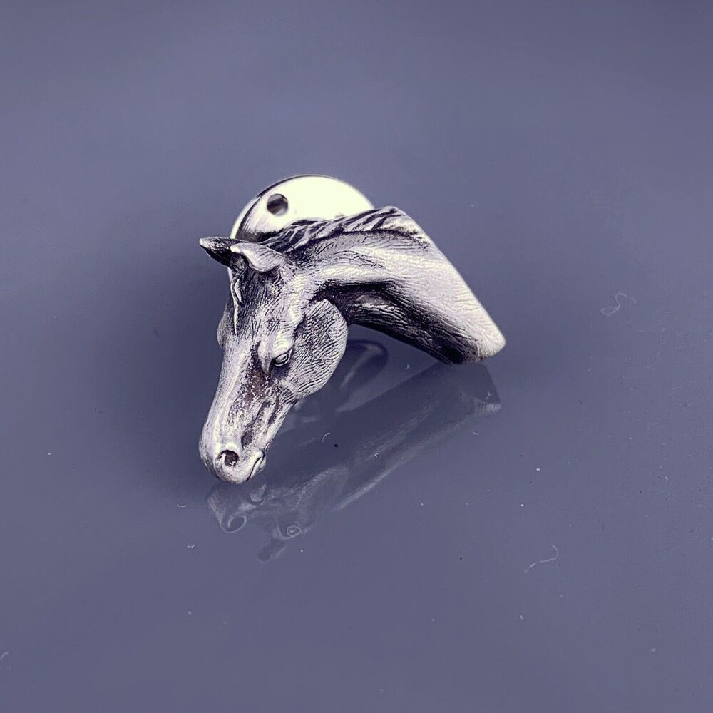 Horse Head Tie Tack Pin Silver Tone Pewter Equestrian Racing Western Vintage